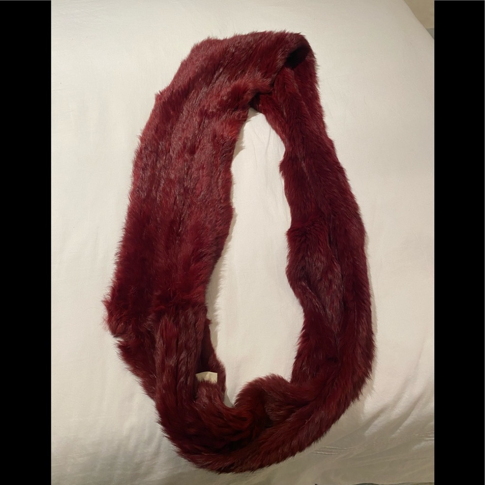 Maroon genuine rabbit fur infinity scarf